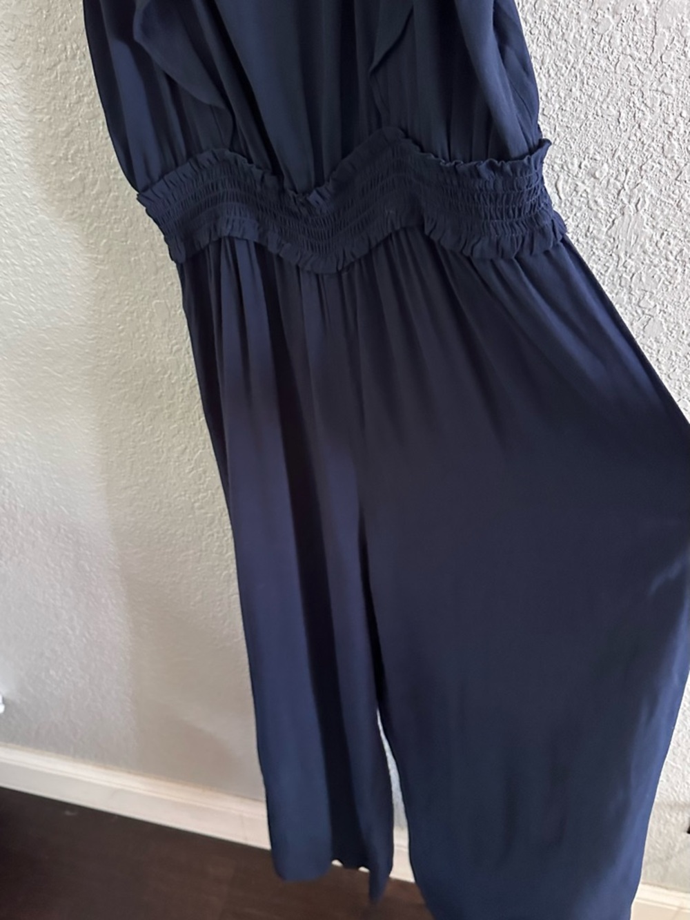 LOFT Navy Sleeveless Wide Leg Jumpsuit Ruffle Trim Smocked Waist Size Large - Picture 4 of 11